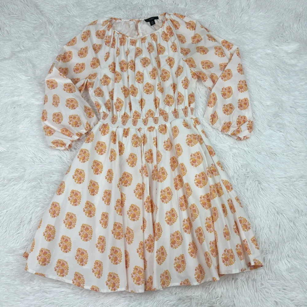 J‎ Crew Smocked-waist mini dress in gathered floral block print 3/4 sleeve